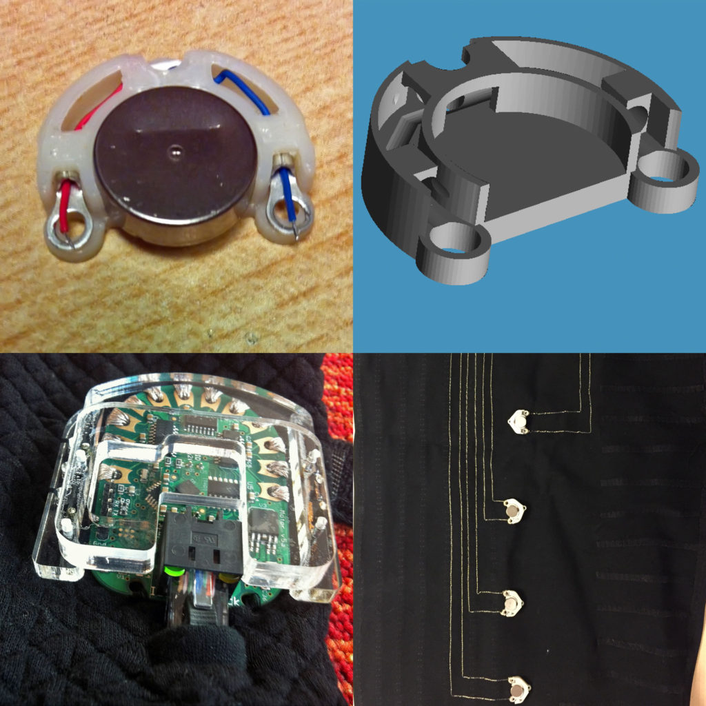 Pictures of the actuator housing, driver PCBs, and conductive thread used in the Ilinx garment.
