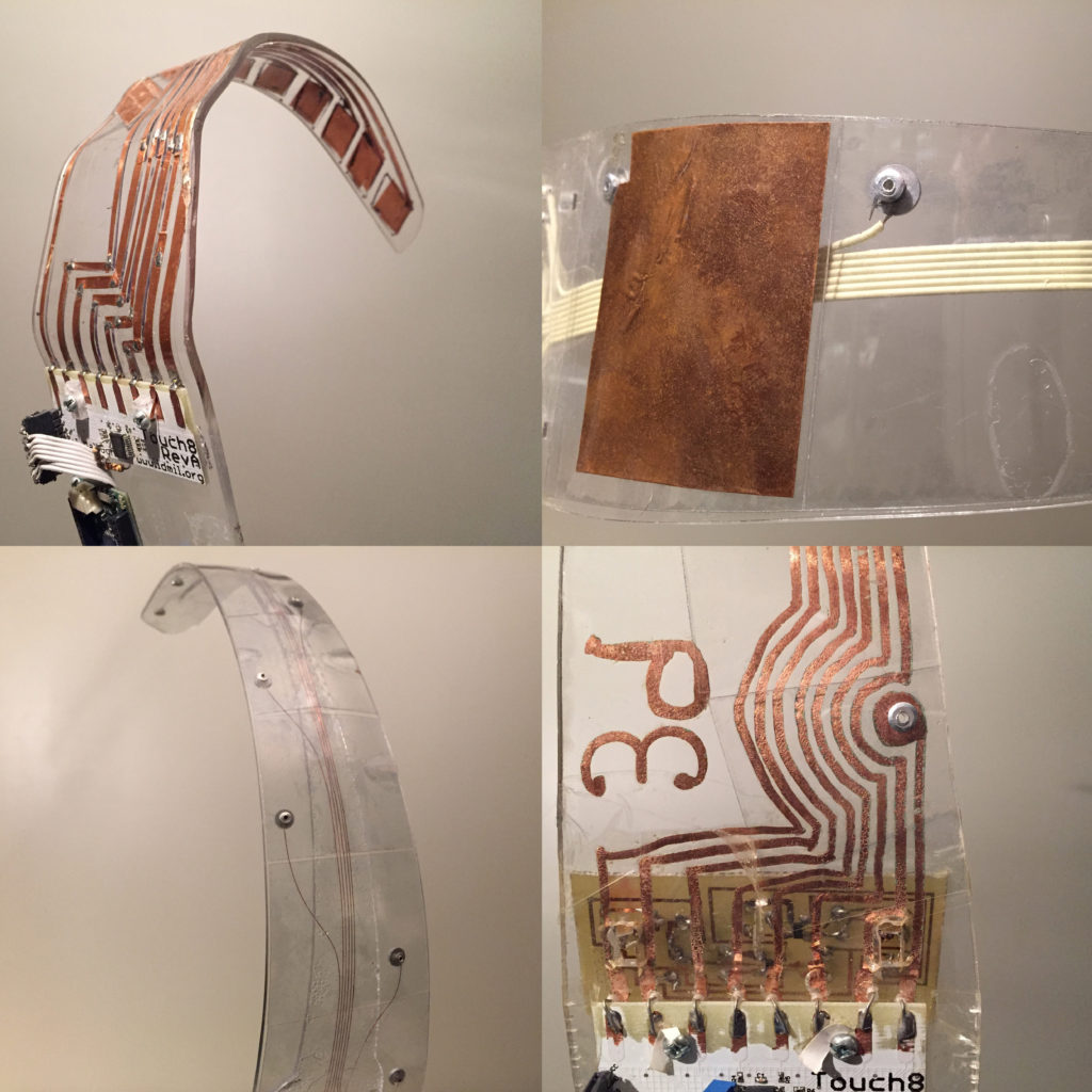 Most of the technologies used in the Prosthetic Instruments were developed at the Input Devices and Music Interaction Lab. The capacitive sensing in particular went through a dramatic transformation, moving from copper panels to transparent plastic touch sensors connected with thin copper wires. Pictured here is the evolution of the Ribs, moving clockwise from the initial copper pads on top left to the final version on the bottom left.